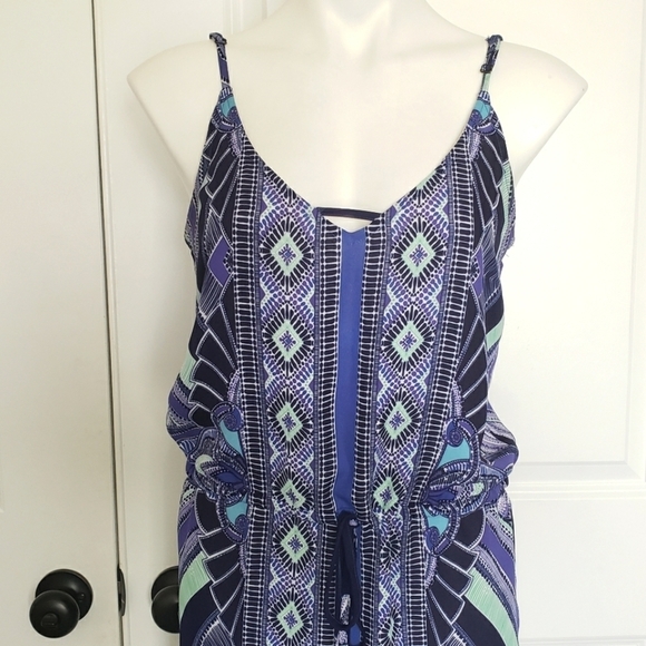 Mercer & Madison Geo Stripe Blue Green Sleeveless Drawstring Waist Dress 4 - Picture 2 of 8